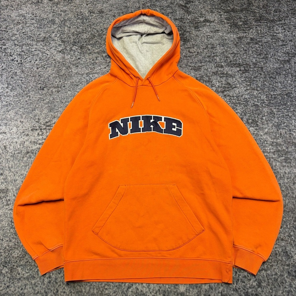 Vintage Nike Hoodie Mens Large Orange Spell Out Logo Y2K Sweatshirt